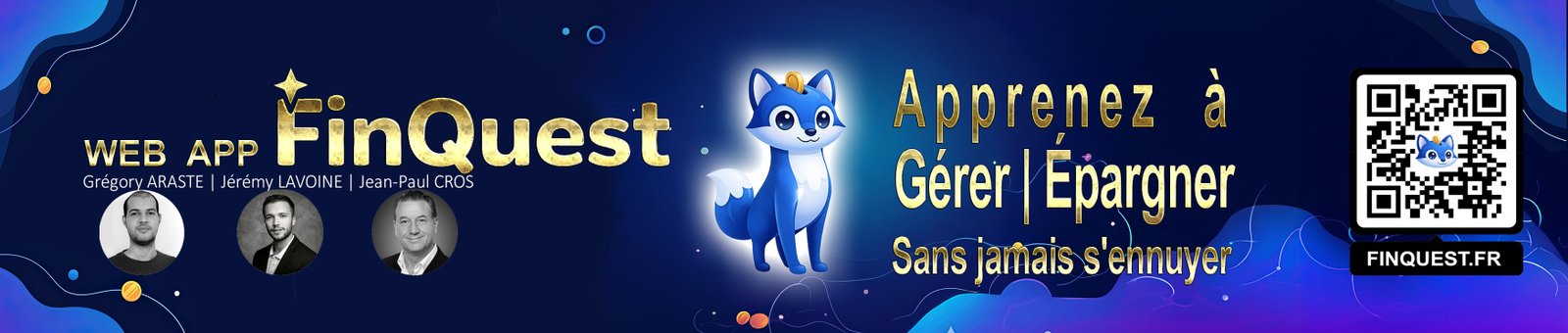 Banniere Mascotte FinQuest — un renard bleu tirelire avec une pièce d'or
